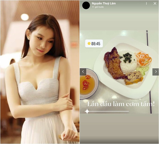 Tuy lần đầu làm cơm tấm nhưng Hoa hậu Thùy Lâm vẫn khiến bao người thèm thuồng thế này đây. Góp ý nàng Hậu một chút nếu cho thêm đồ chua vào chén nước chấm thì trông sẽ ngon lành hơn nhiều nữa.