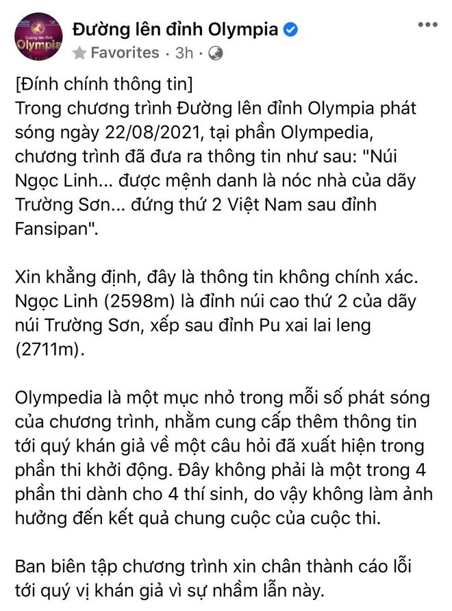 Trong cùng 1 ngày, Fanpage của 'Đường lên đỉnh Olympia' đã đăng tải liên tiếp 2 bài đính chính, xin lỗi