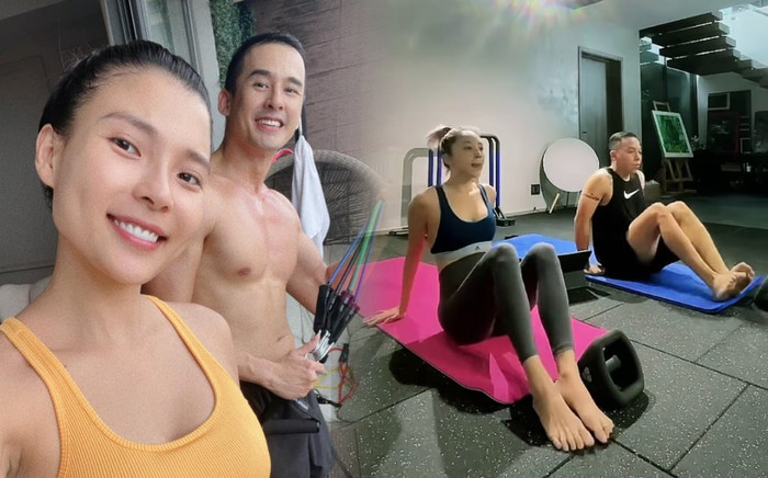 Ở nhà mùa dịch, vợ chồng Thúy Diễm, Tóc Tiên chăm tập thể dục cùng nhau Ảnh 2