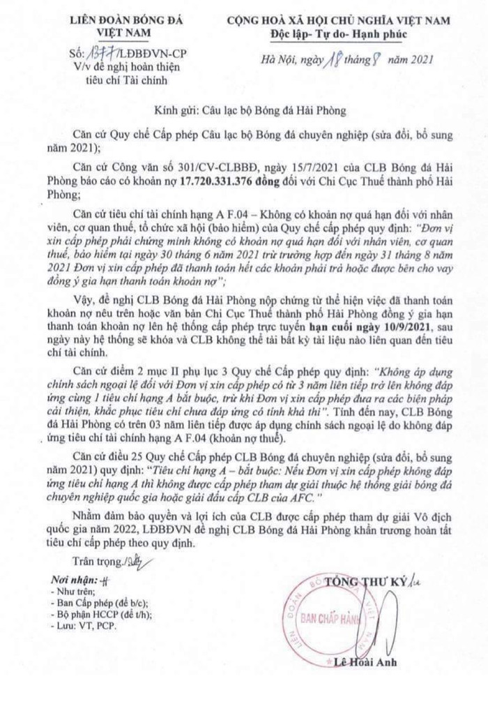 CLB Hải Phòng đang có khoản nợ 17,7 tỉ đồng tiền thuế.
