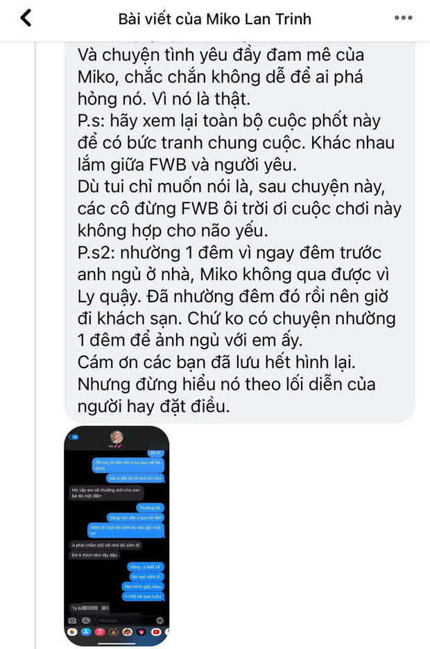 Bình luận giải thích của Miko Lan Trinh và đoạn tin nhắn trên cũng do cô tung ra.