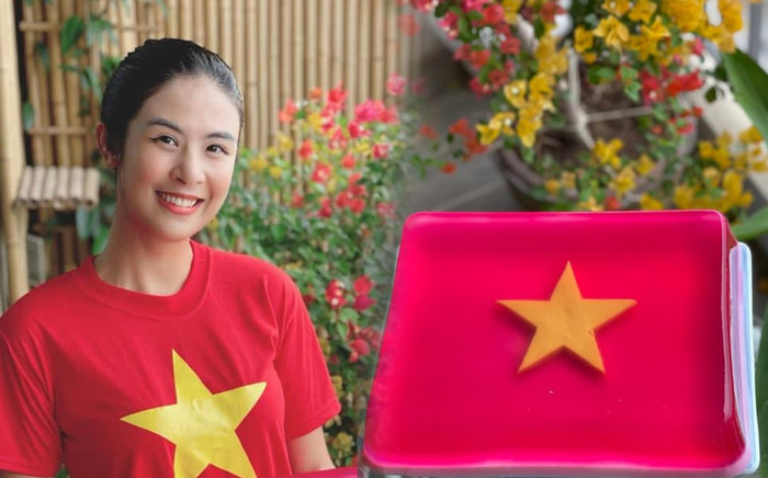 Hoa hậu Ngọc Hân trổ tài làm thạch dừa cờ đỏ sao vàng mừng Quốc khánh 2/9 Ảnh 2
