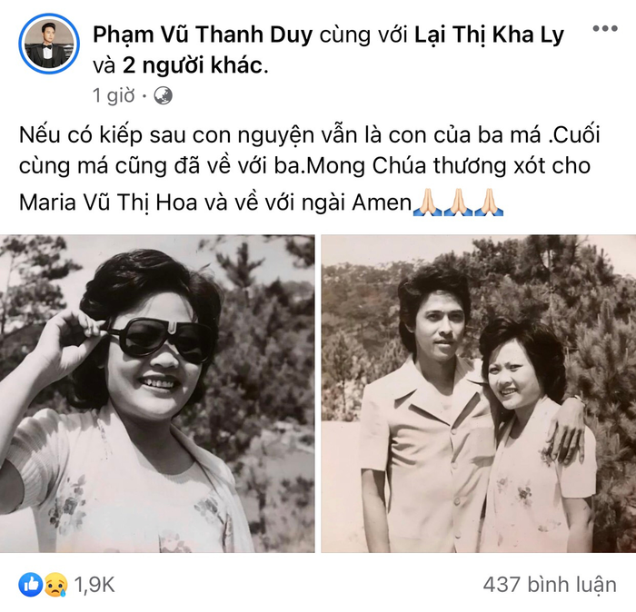 Ông xã Kha Ly đau buồn khi đón tin mẹ mất. 
