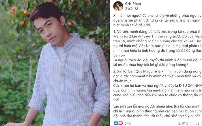 Sau phát ngôn kém duyên về trọng tài trong trận Việt Nam - Saudi Arabia, Cris Phan lên tiếng xin lỗi Ảnh 2