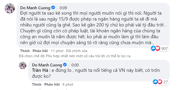 Bình luận của Đỗ Mạnh Cường bên dưới livestream của Công Vinh tối 5/9