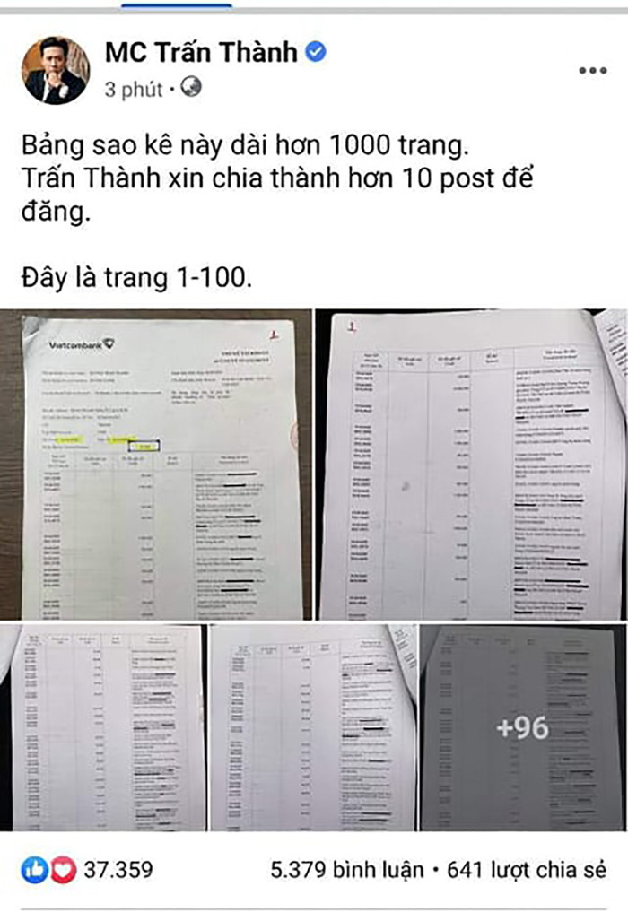 MC Trấn Thành tung bản sao kê đáp trả nữ CEO Đại Nam.