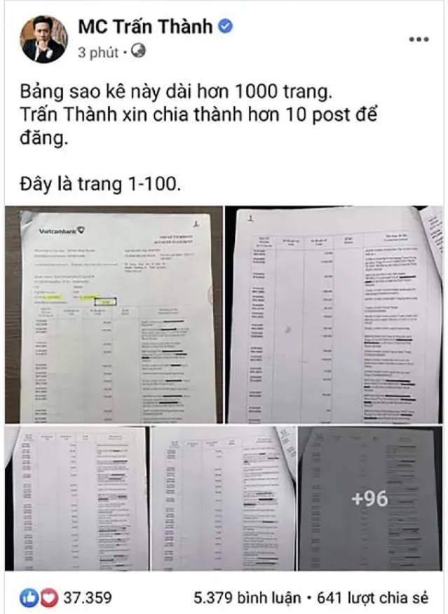 Trấn Thành chia 10 post để công khai 1.000 trang sao kê, dân tình thắc mắc sao phải 'cồng kềnh' thế? Ảnh 1