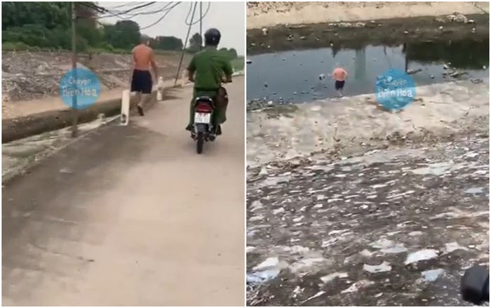 Vừa thấy bóng cán bộ CA, người đàn ông nhanh chân chạy xuống dòng nước đen ngòm tẩu thoát trong tích tắc Ảnh 1