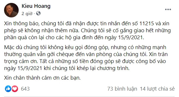 Trái với dàn sao Vbiz, tỷ phú Hoàng Kiều thông báo sẽ sao kê rõ ràng sau khi nhận tiền quyên góp Ảnh 3
