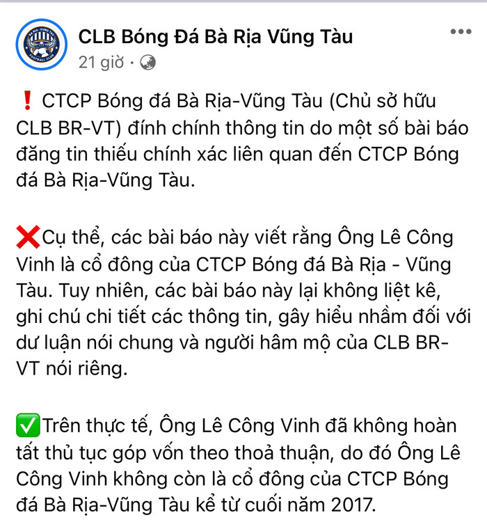 Mới đây, một CLB của Việt Nam bất ngờ đăng đàn phản bác thông tin Lê Công Vinh liên quan đến chuyện cổ đông.