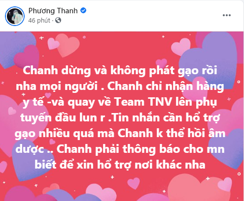 Phương Thanh thông báo ngưng phát gạo vì tin nhắn xin hỗ trợ quá nhiều.