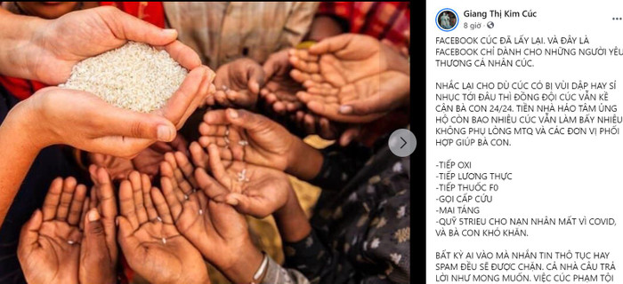 Trên Facebook cá nhân có tích xanh của mình, Giang Kim Cúc đã nói rõ nhiều vấn đề liên quan đến lùm xùm tiền từ thiện. 