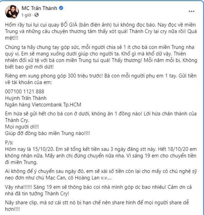 Lý do Trấn Thành xóa bài đăng kêu gọi quyên góp cứu trợ lũ lụt ở miền Trung? Ảnh 1