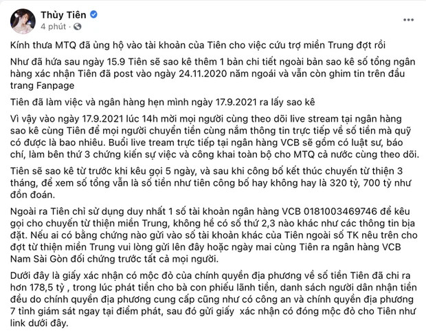 Thủy Tiên hẹn ngày minh bạch sao kê tại ngân hàng. 