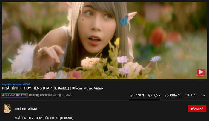  MV Ngải tình từ Thủy Tiên chỉ mới có hơn 3,8 triệu view.