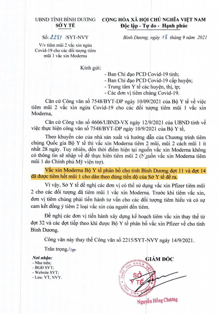 Văn bản ban hành ngày 18/9 của Sở Y tế Bình Dương.