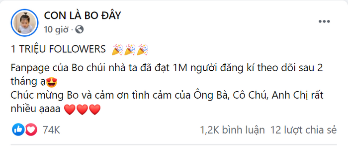 Hòa Minzy vui mừng báo tin fanpage con trai được 1 triệu người theo dõi