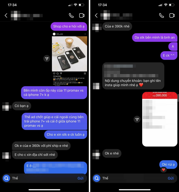 H. chuyển khoản tiền mua ốp và tiền ship tổng cộng 390k.