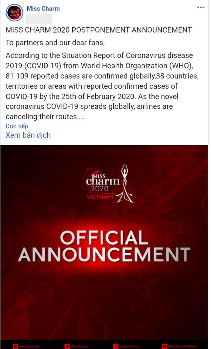 Miss Charm đã phải hoãn nhiều lần do ảnh hưởng của dịch Covid-19.&nbsp;