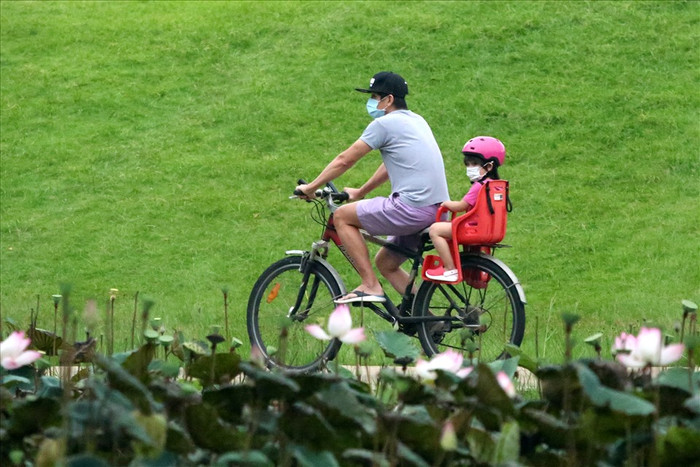 Người dân đạp xe tập thể dục trong công viên. Ảnh: Báo Lao Động