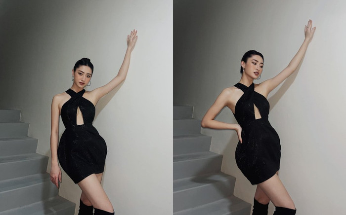 Lương Thùy Linh mặc váy yếm khoét sâu, tạo dáng ở cầu thang sang chảnh vô đối Ảnh 2