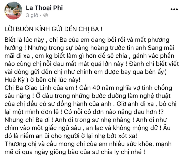 Nghệ sĩ Việt chia buồn trước sự ra đi của ông xã danh ca Giao Linh: 'Giờ anh đi xa, bỏ lại chị đơn lẻ' Ảnh 2