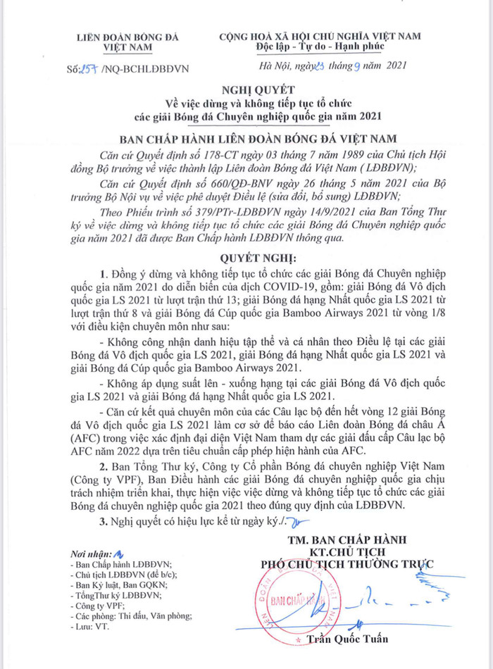 Hôm nay, VFF đã chính thức ra quyết định dừng các giải chuyên nghiệp năm 2021, còn HAGL không được công nhận danh hiệu vô địch và SLNA không xuống hạng.