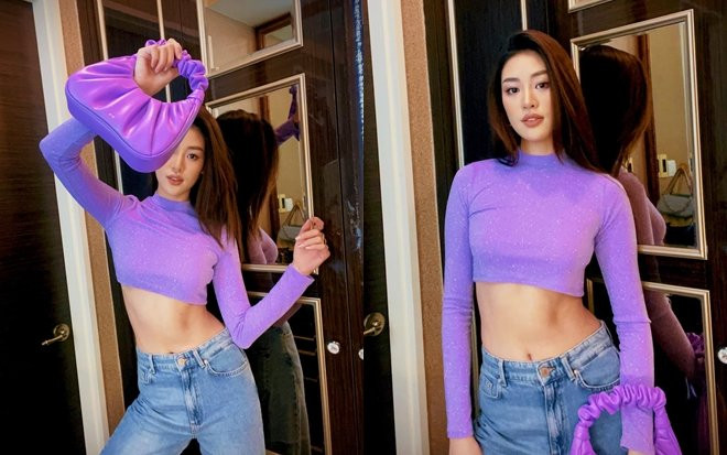 Hoa hậu Khánh Vân diện áo crop-top sắc tím khoe vòng eo không chút mỡ thừa Ảnh 2