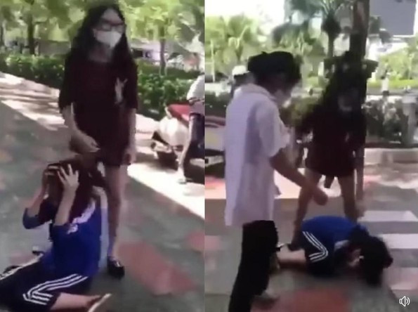 Nữ sinh V.A (áo xanh) bị đánh hội đồng
