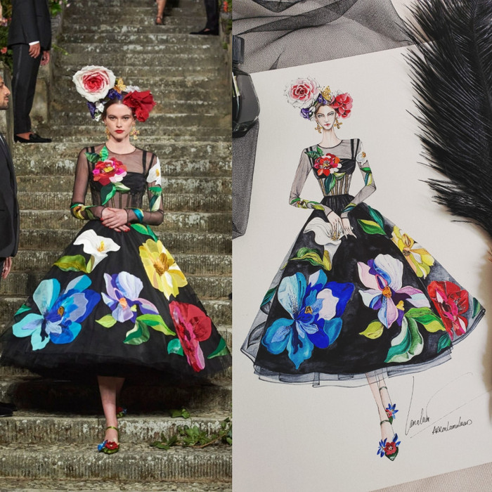 Bộ váy hoa ấn tượng của nhà mốt Dolce & Gabbana qua nét vẽ minh hoạ của Lâm Á Luân. 