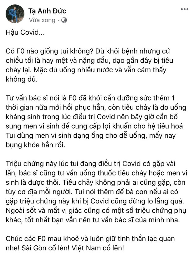 Anh Đức chia sẻ những triệu chứng sau khi điều trị hết Covid-19.