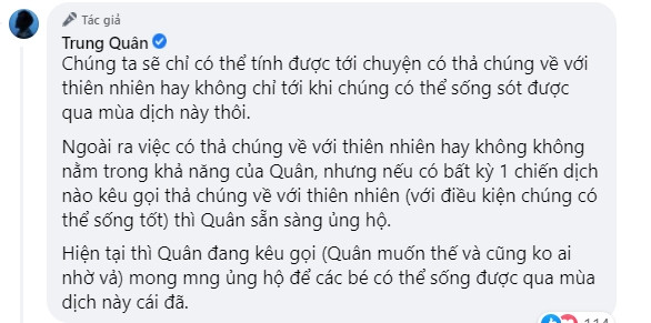 Trung Quân kêu gọi mọi người ủng hộ quyên góp cho Thảo Cầm Viên.