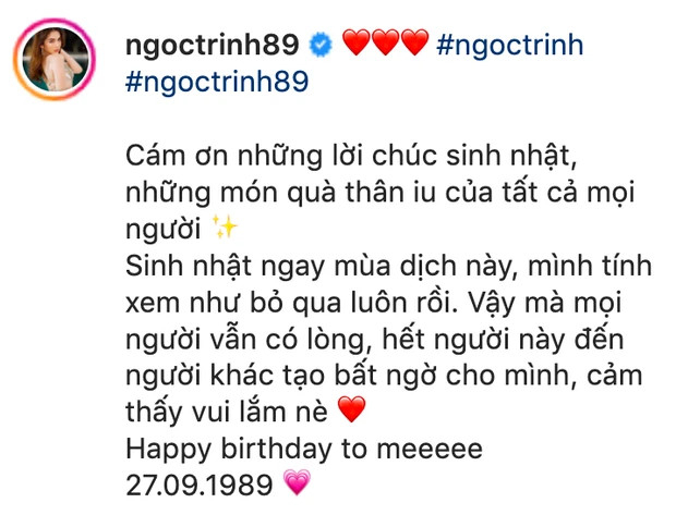 Ngọc Trinh đáp lại lời chúc của bạn bè.