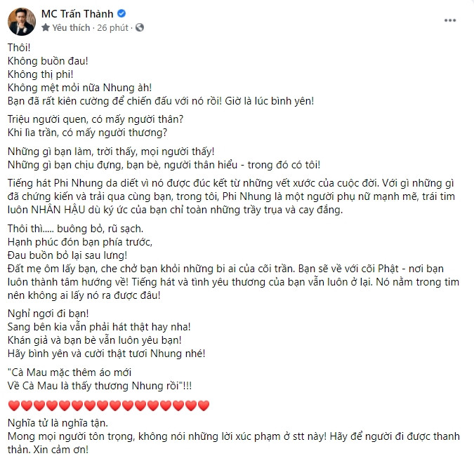 Trấn Thành viết thương tiếc thương trước sự ra đi của cố ca sĩ Phi Nhung.
