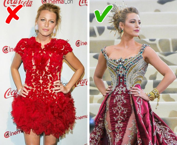 Blake Lively sở hữu đôi chân dài hoàn hảo nhưng vòng eo lại thuộc dạng bánh mì. Khi mới vào nghề, bà xã Ryan Reynolds thường mắc sai lầm chọn những chiếc váy không có đường cắt eo tinh tế. Qua thời gian, cô đã nhận ra trang phục có đường cắt cúp và bồng ở chân váy mới là lựa chọn chính xác tạo ra thân hình đồng hồ cát.&nbsp;