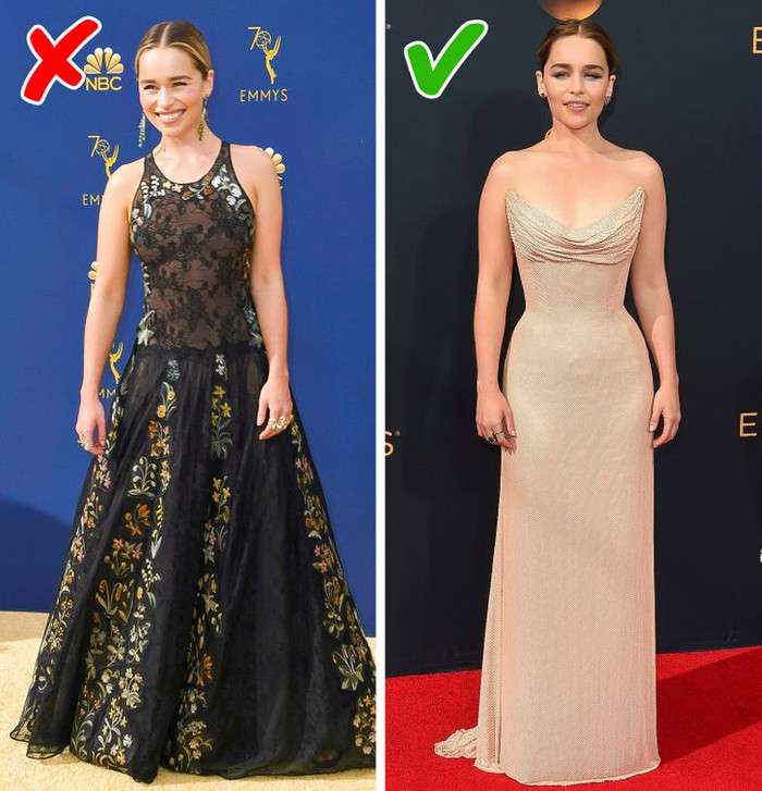 Emilia Clarke cao không đến 1m60 nhưng nhìn không hề thấp bé vì biết cách chọn trang phục phù hợp. Lựa chọn hoàn hảo cho cô là những chiếc váy có phần eo cao và màu trung tính.&nbsp;