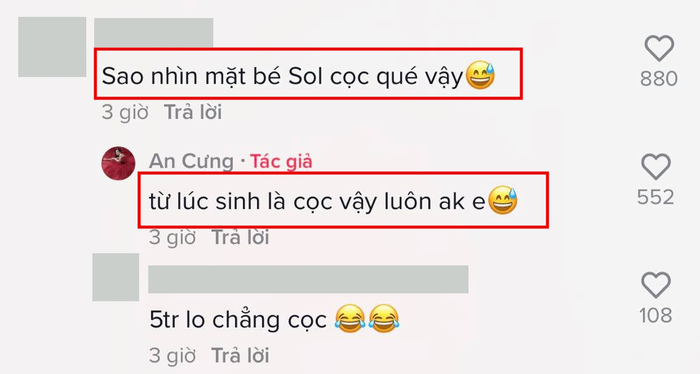 Thiên An hài hước trả lời netizen khi bị hỏi 'sao nhìn mặt bé Sol cộc vậy'.