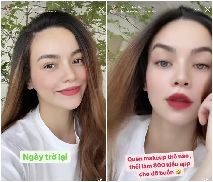 Tuy không ra ngoài salon, nhưng Hồ Ngọc Hà vẫn vui mừng tự làm tóc tại gia, nữa ca sĩ còn chụp ảnh với '800 kiểu app' để thể hiện sự hào hứng. 