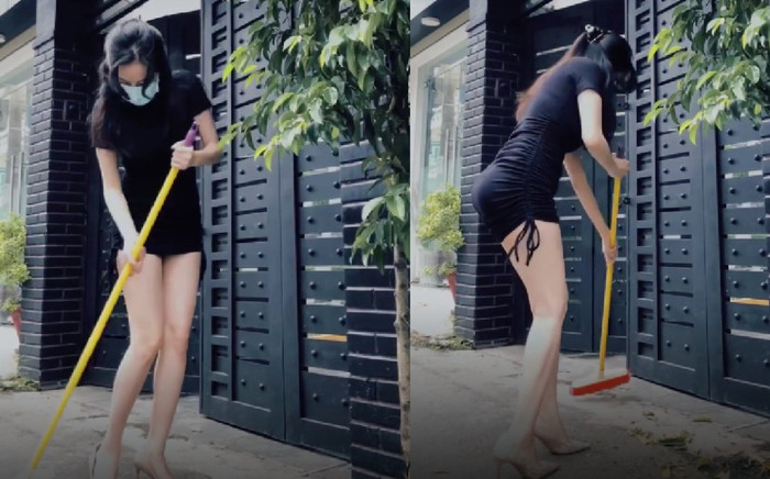 Bà Tưng diện váy ôm sát, ngắn cũn cỡn đứng quét rác, netizen hồi hộp sợ 'sự cố' Ảnh 2