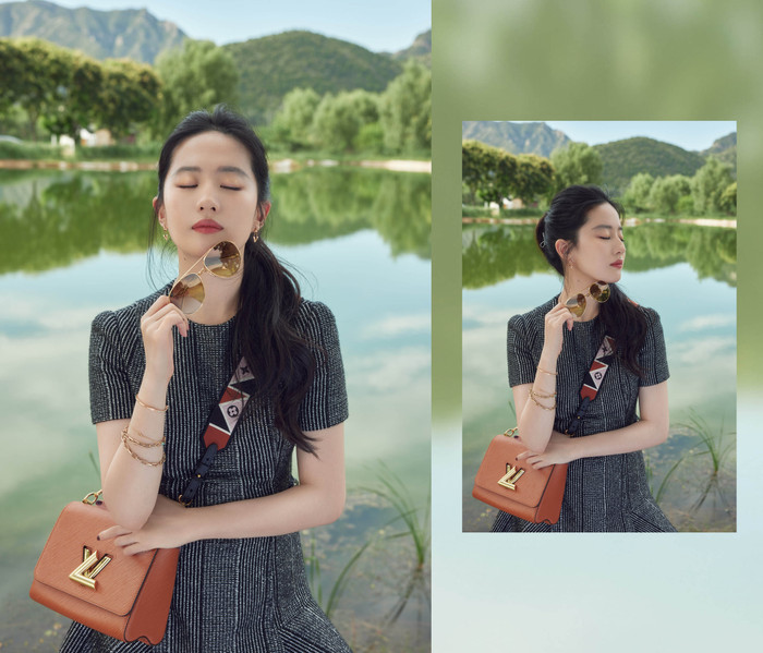 Bộ váy xám thanh lịch kết hợp túi hình hộp chữ nhật màu nâu cam 