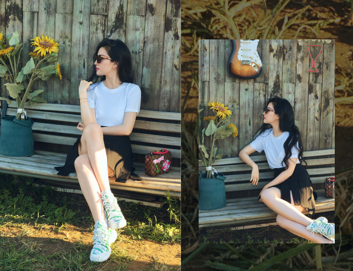 Trẻ trung như gái U20 với áo thun basic mix cùng váy đen ngắn phối cùng giày thể thao