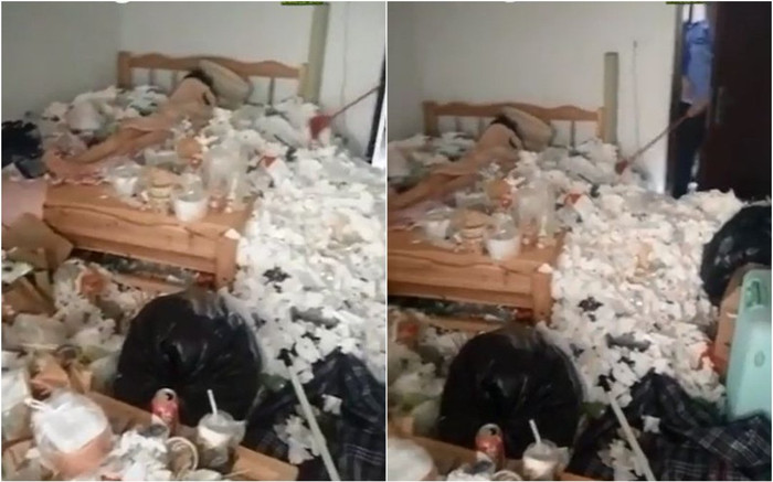 Clip: Cô gái nằm ngủ ngon lành trong căn phòng ngập rác, dụi mắt mấy lần mới tìm thấy người Ảnh 2