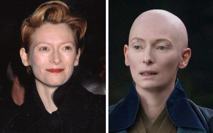 Tilda Swinton mất hẳn vẻ hồng hào thường thấy khi đóng Doctor Strange. 