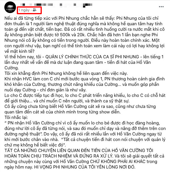 Thực hư bài đăng hứa giải quyết tiền cát-sê của quản lý Phi Nhung với Hồ Văn Cường biến mất? Ảnh 2