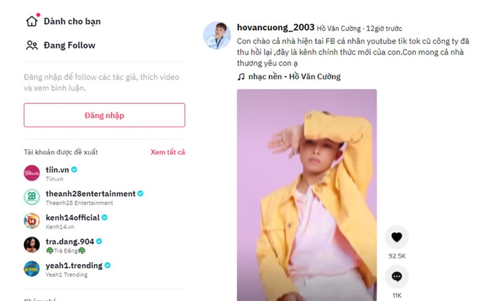 Xuất hiện kênh TikTok của Hồ Văn Cường sau khi chia tay công ty ca sĩ Phi Nhung Ảnh 2