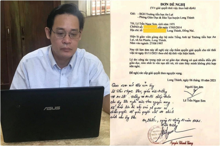 Thầy giáo Trần Lê Ngọc Sơn và lá đơn xin thôi việc. Ảnh: Infonet