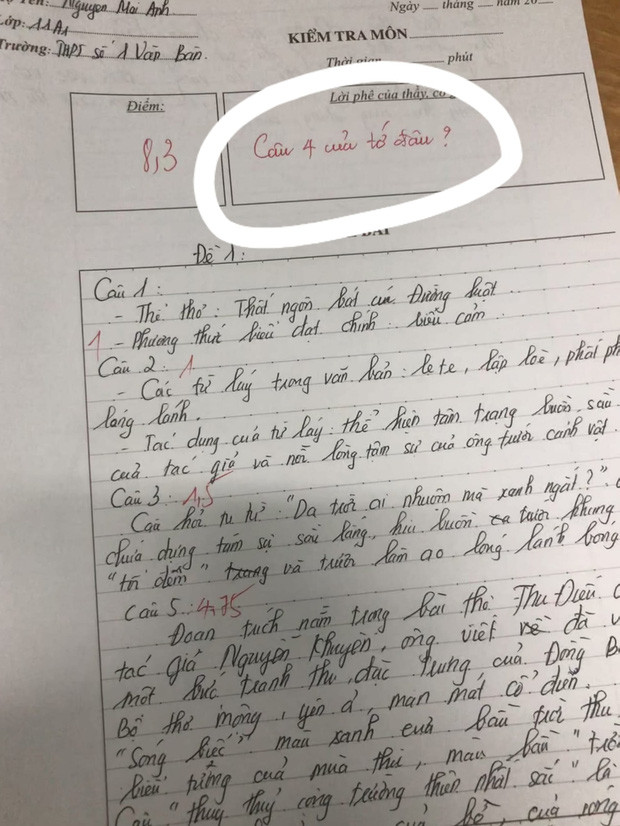 Nữ sinh làm bài thiếu 1 câu vẫn được cô cho điểm cao, đọc sang lời phê mới khiến dân tình thêm thích thú Ảnh 1