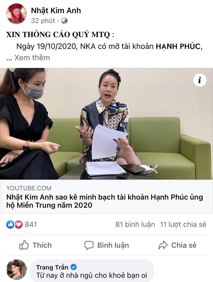 Trang Khàn để lại bình luận dưới bài viết của Nhật Kim Anh.
