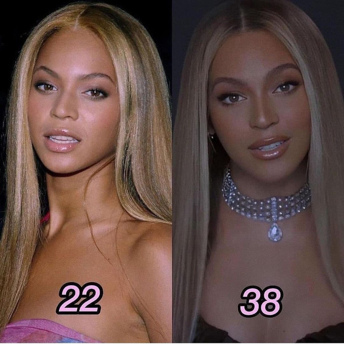Điều khác biệt duy nhất của Beyonce năm 38 với năm 22 tuổi là hàng lông mày được kẻ dày hơn. 
