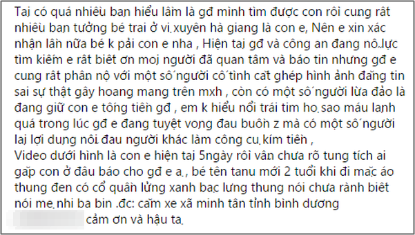 Dòng trạng thái của mẹ bé Hưng trên trang cá nhân